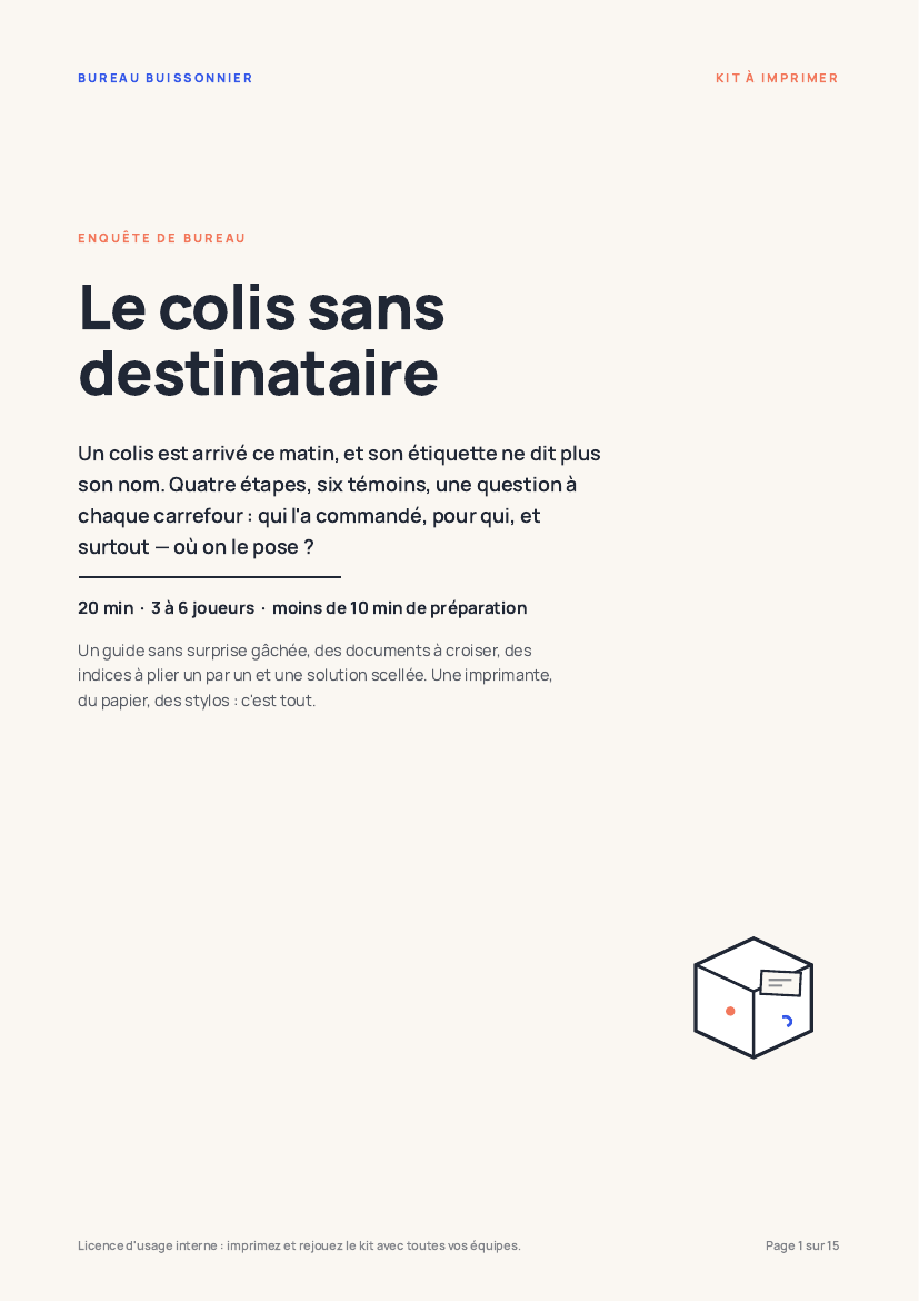 Aperçu de la couverture du kit : le titre Le colis sans destinataire et la ligne de spécifications