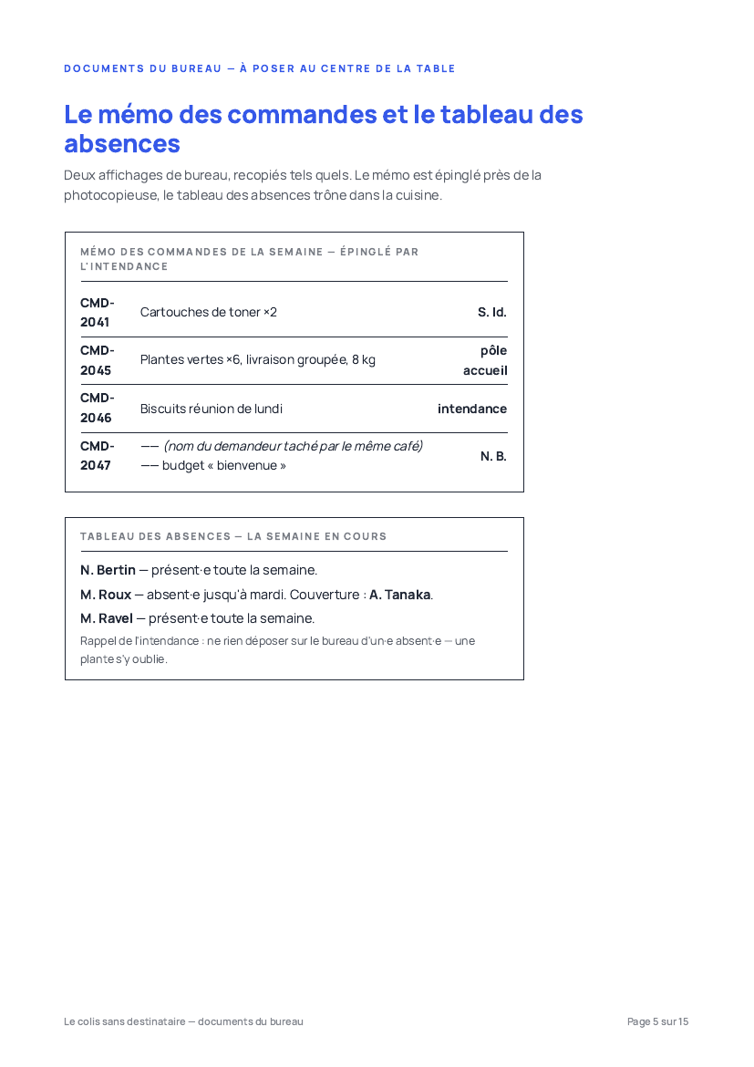 Aperçu du kit : le mémo des commandes et le tableau des absences, deux documents à croiser