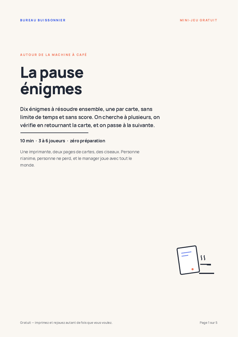 Aperçu du mini-jeu : la couverture de La pause énigmes, dix énigmes à résoudre ensemble, 10 min, 3 à 6 joueurs, zéro préparation