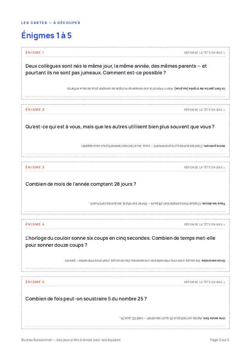 Aperçu du mini-jeu : les cartes énigmes à découper, la réponse imprimée la tête en bas sous chaque énigme